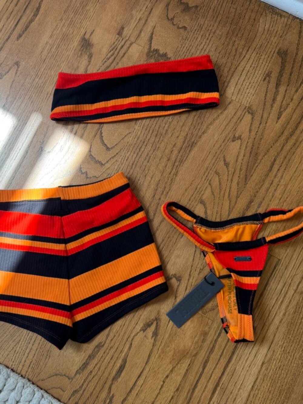 Triangl Striped Ribbed 3pc Bikini Set Bandeau Shorts Thong